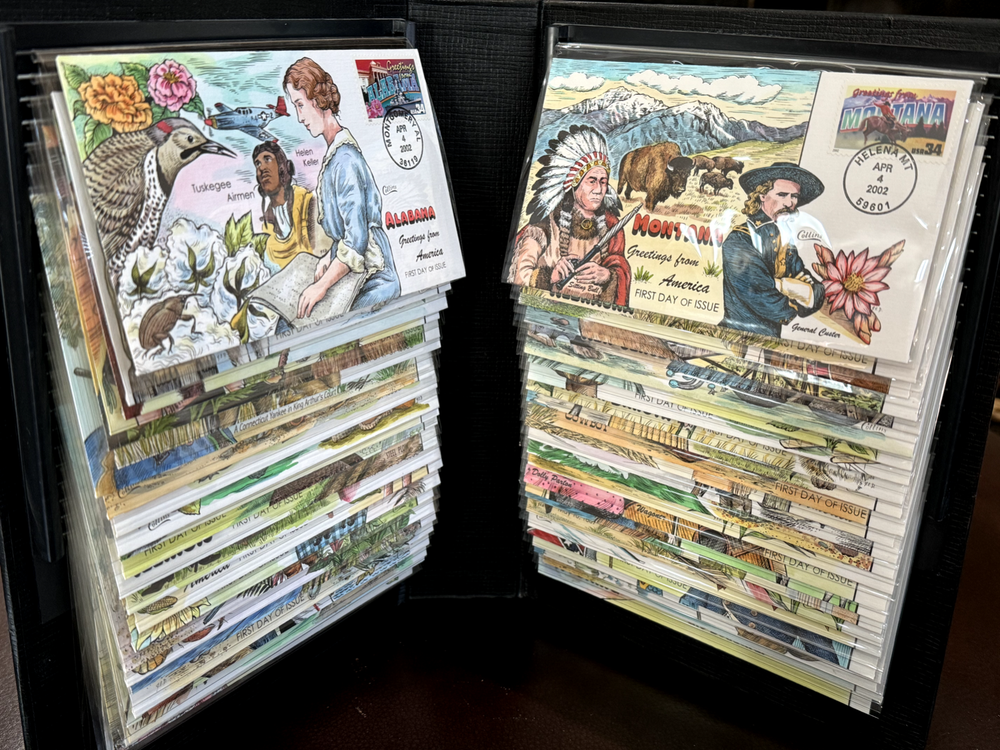 50 FDC Collins Hand painted #3561-3610 Greetings from America mounted in Album