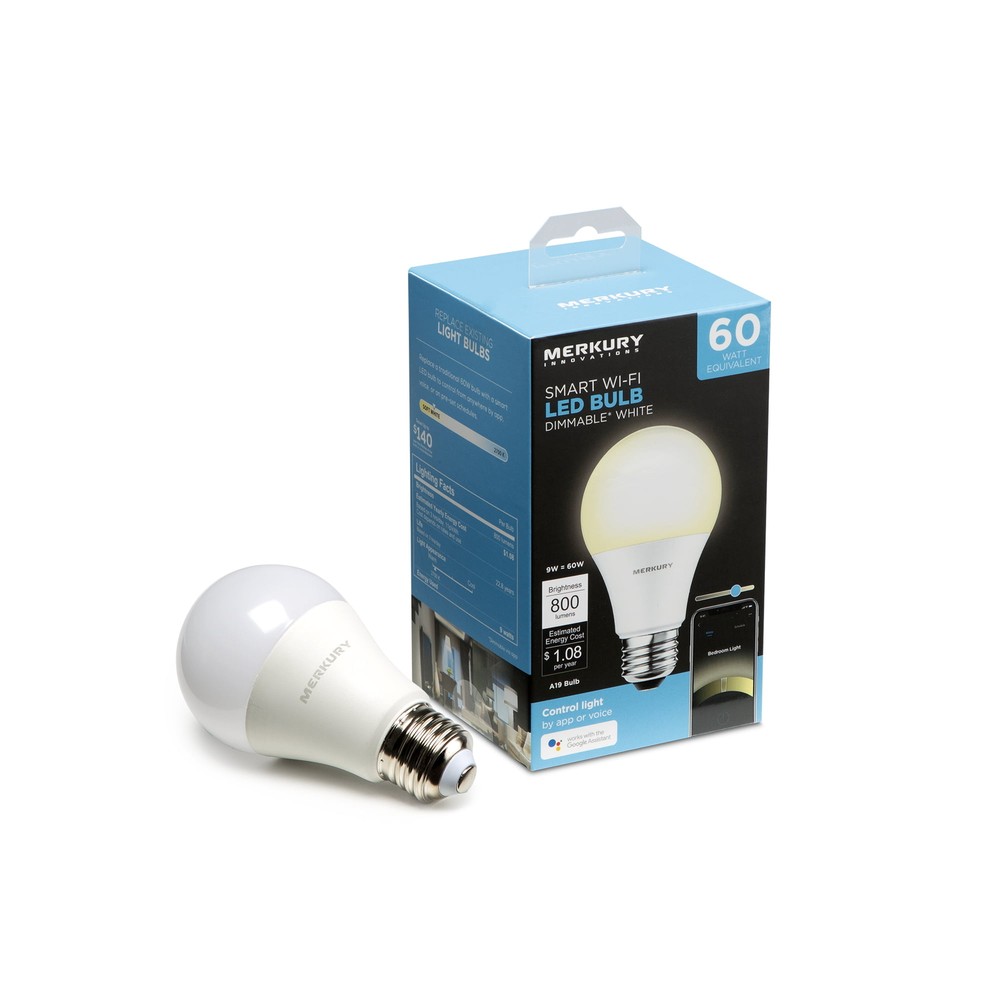Merkury Innovations Indoor A19 Smart Light Bulb, 60W Dimmable White LED,