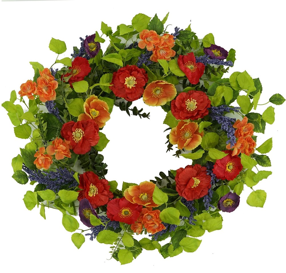 22 Inch Artificial Poppy and Lavender Wreath for Spring Summer Front Door Decor  