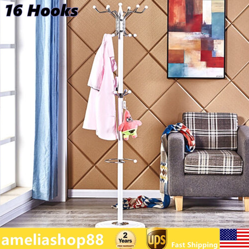 Heavy Duty Coat Rack Hat Bag Stand Tree Clothes Hanger Holder 16-Hook Organizer