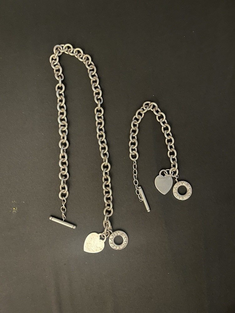 Tiffany & Co Sterling Silver Heart Toggle Choker and Bracelet Set 18.5 and 8 Inches .925