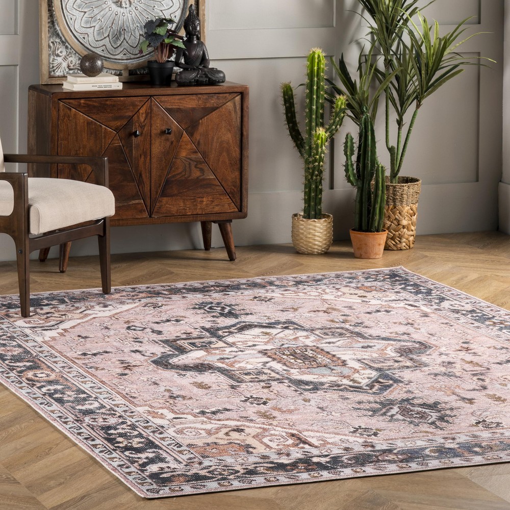 Sasha Washable Ultra Thin Pink Medallion Rug 2x3