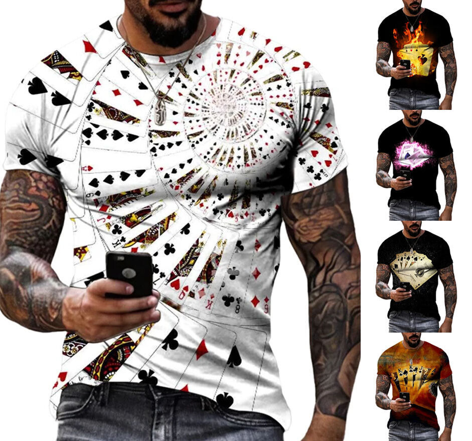 Poker Playing Card Design Graphic T-Shirt Mens Short Sleeve Tee Top
