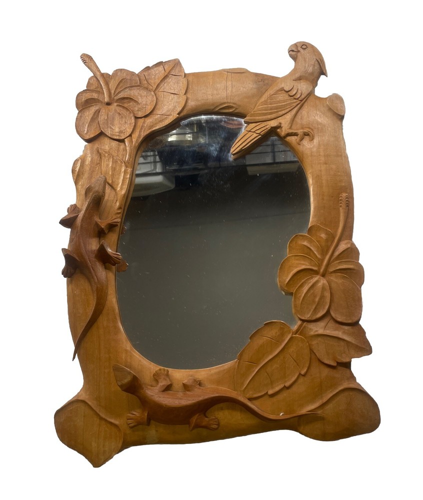 Vtg. Mirror, Hand Carved Wooden Frame, Tropical Design w/Parrots & Floral 15x11