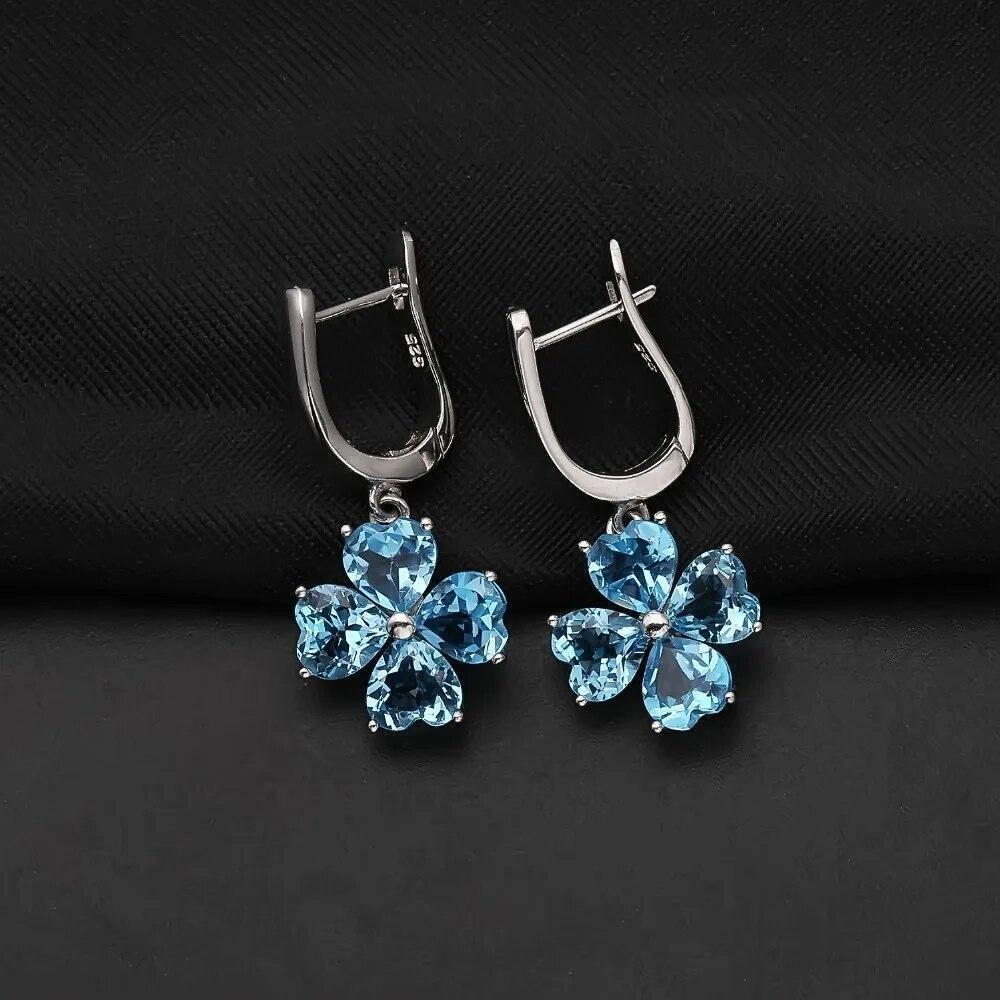 Natural 7.66Ct Swiss Blue Topaz Drop Earrings 925 Sterling Silver Flower Design