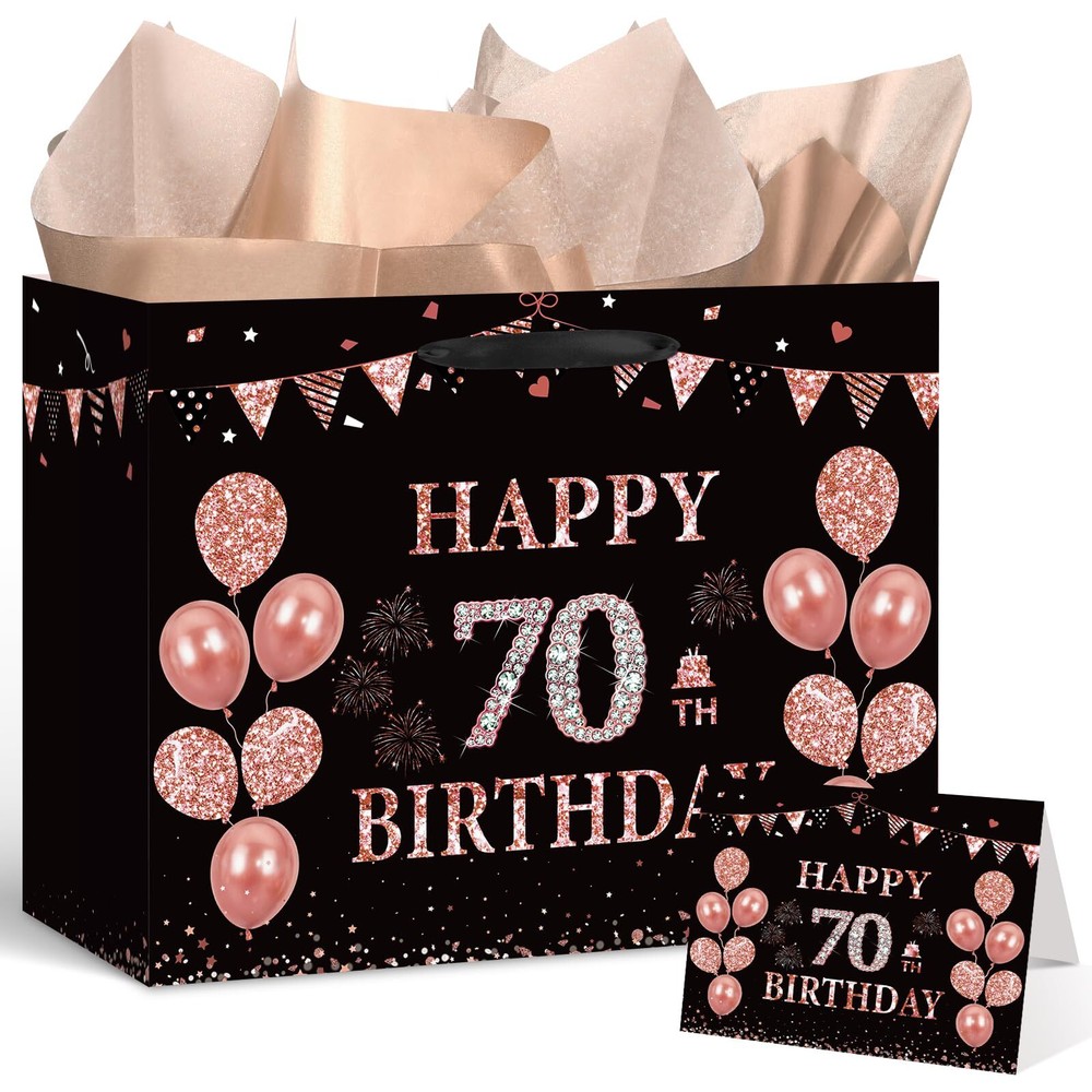 Elegant Black Rose Gold 70th Birthday Party Bag with Card and Tissue for Women