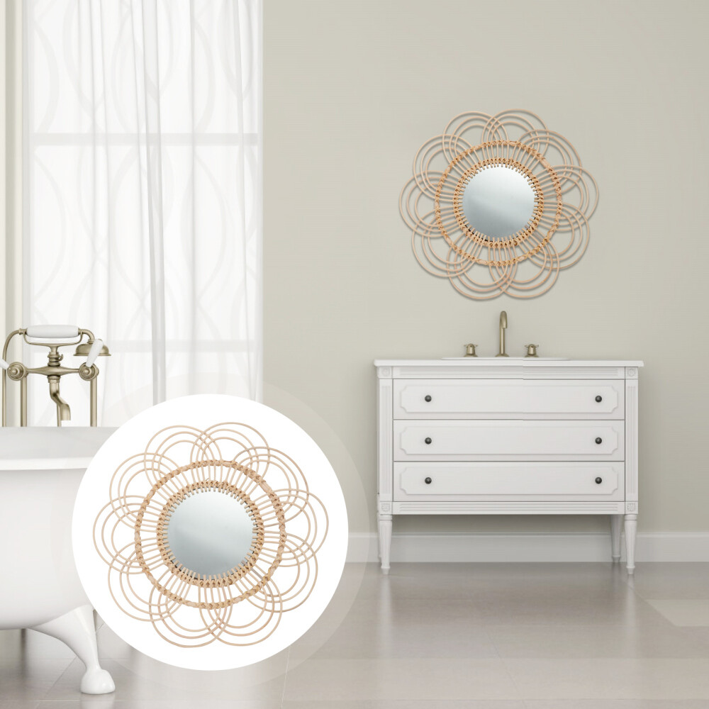 Rattan Wicker Arched Wall Mirror with LED Lights for Makeup and Decor