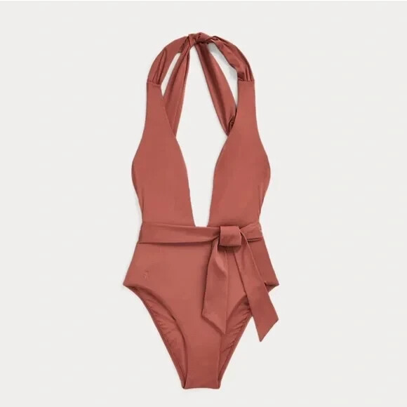 Polo Ralph Lauren Plunge-Neck One-Piece Halter Swimsuit NWT Size S Cooper/Brown