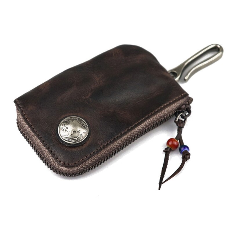 Vintage Leather Key Wallet for Men - Compact Zipper Car Key Holder