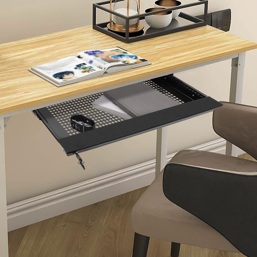 Under Desk Sliding Pull Out Storage Organizer Drawer with Key Lock