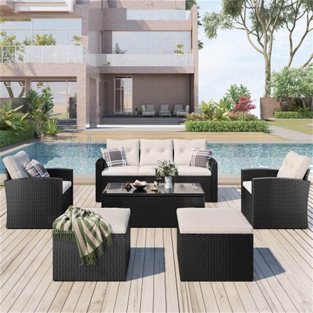 6-Piece Rattan Patio Dining Sofa Set in Beige & Black for 9'x12' Space  