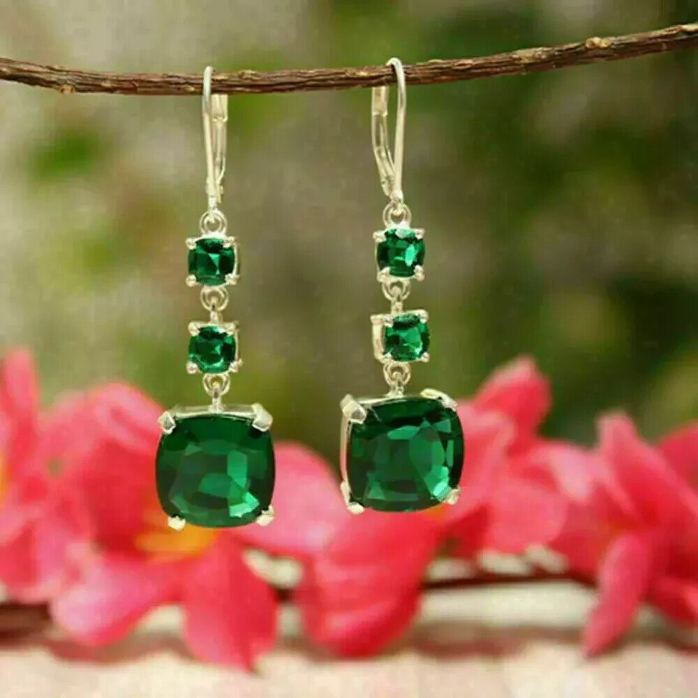 2Ct Lab-Created Green Cushion Emerald Dangle Earrings in 14K Gold Plated
