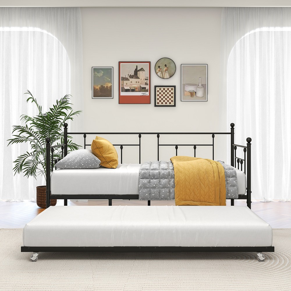 Twin Metal Daybed Frame with Trundle and Roll-Out Storage, Daybed Sofa Set