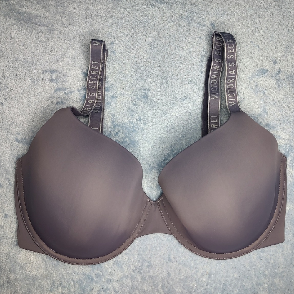 Victorias Secret Logo Straps Gray Black T-Shirt Lightly Lined Wireless Bra 34DDD