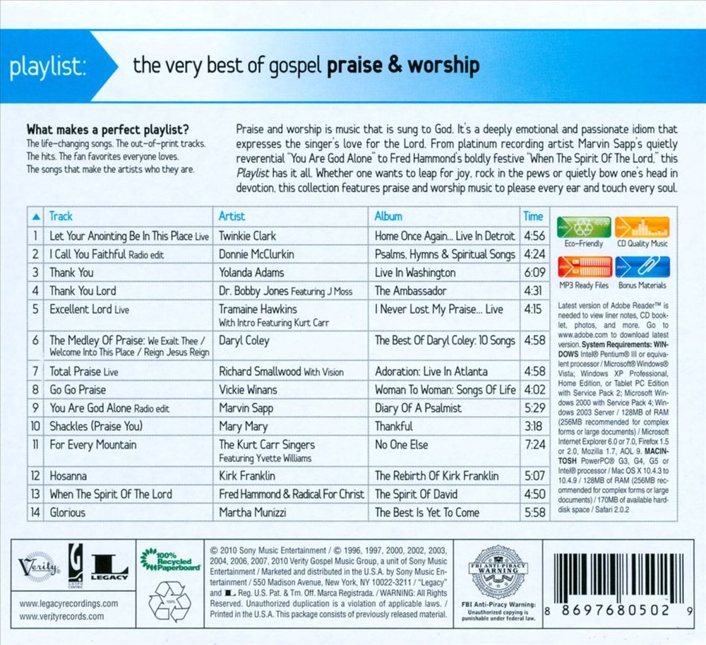 VARIOUS ARTISTS PLAYLIST: THE VERY BEST OF GOSPEL PRAISE & WORSHIP NEW CD