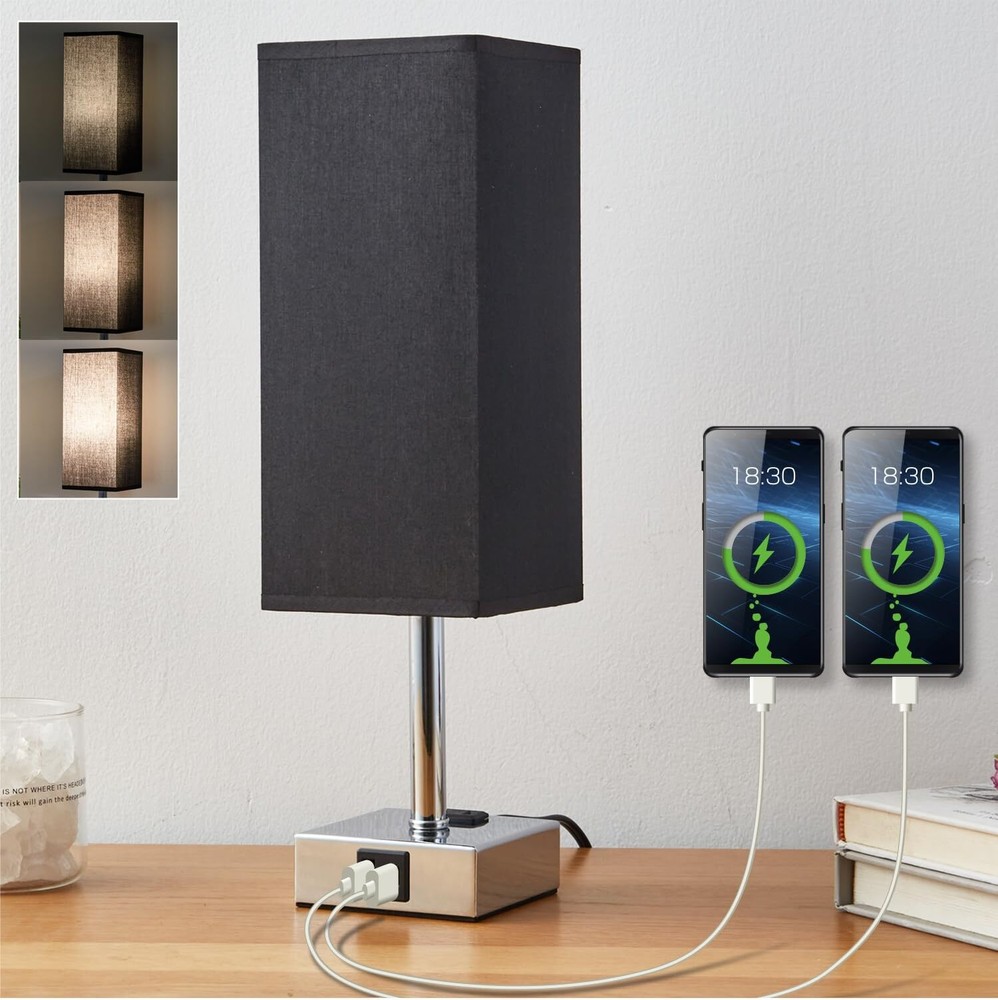Square Touch Lamp, Dimmable USB Lamp Include One LED Bulb, Fabric Shade Lamp ...