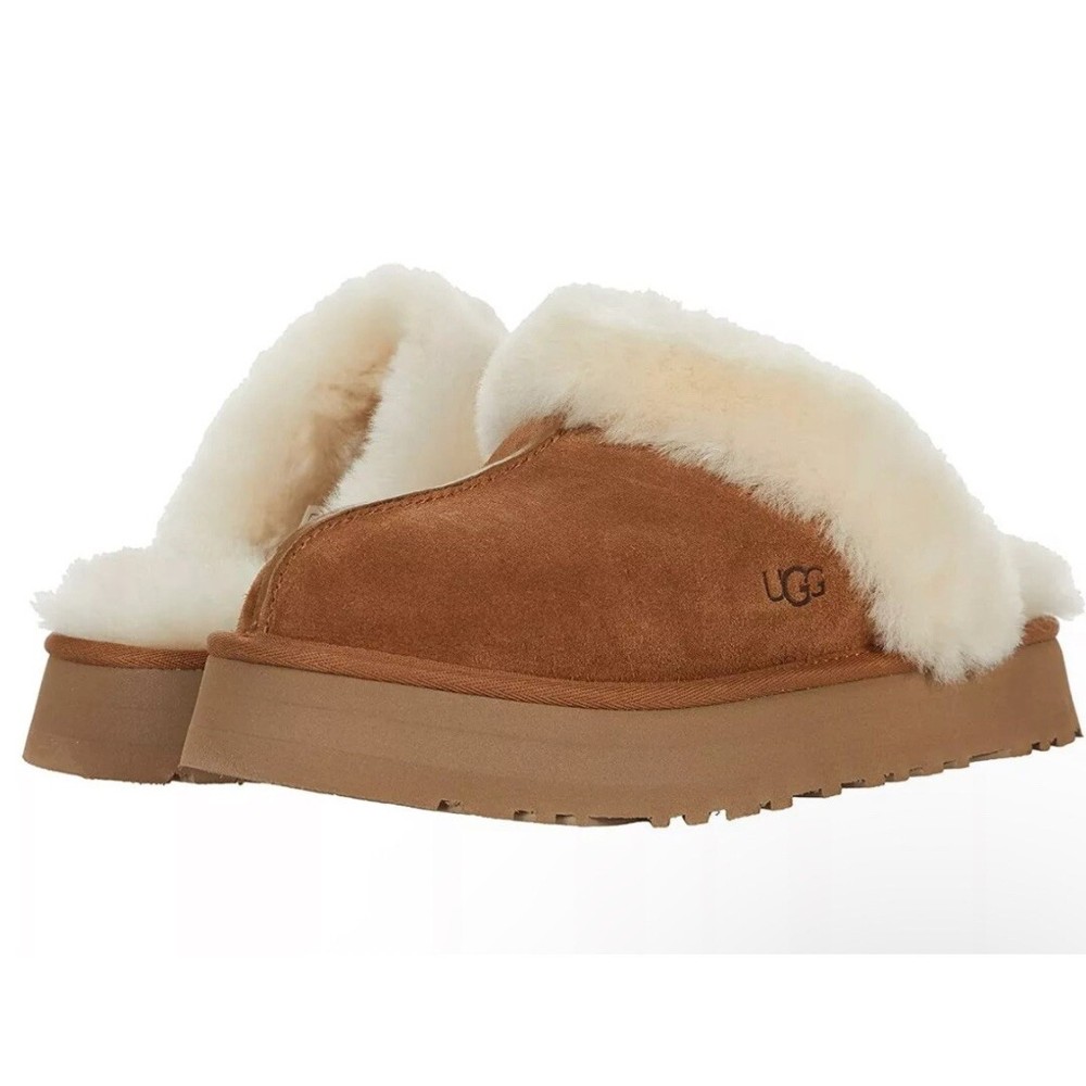 Women's Shoes UGG DISQUETTE Platform Sheepskin & Suede Slippers 1122550 CHESTNUT