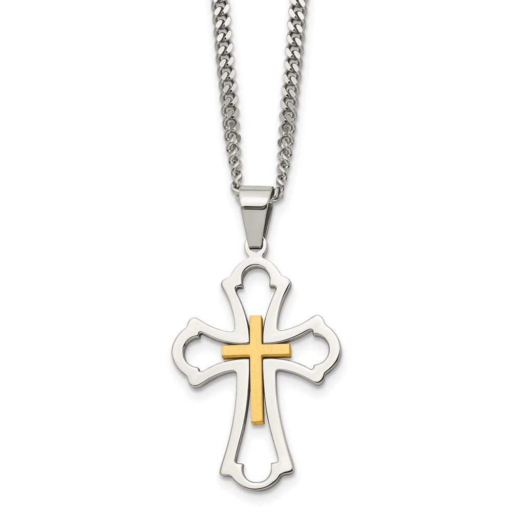 Stainless Steel Brushed Yellow IP Cross Pendant Curb Chain Necklace 22 Inch