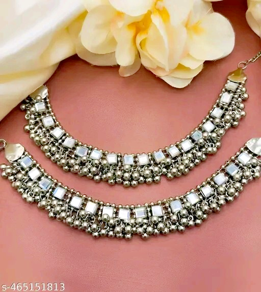 Silver Afghani Kundan Payal Anklet Mirror Square Designer Jewelry for Women-image