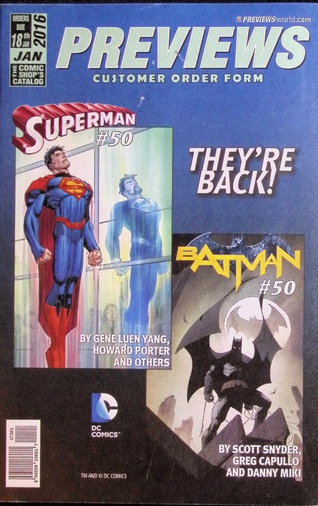 PREVIEWS Customer Order Form Jan 2016 -- Superman Batman Cover -- Diamond Dist-image