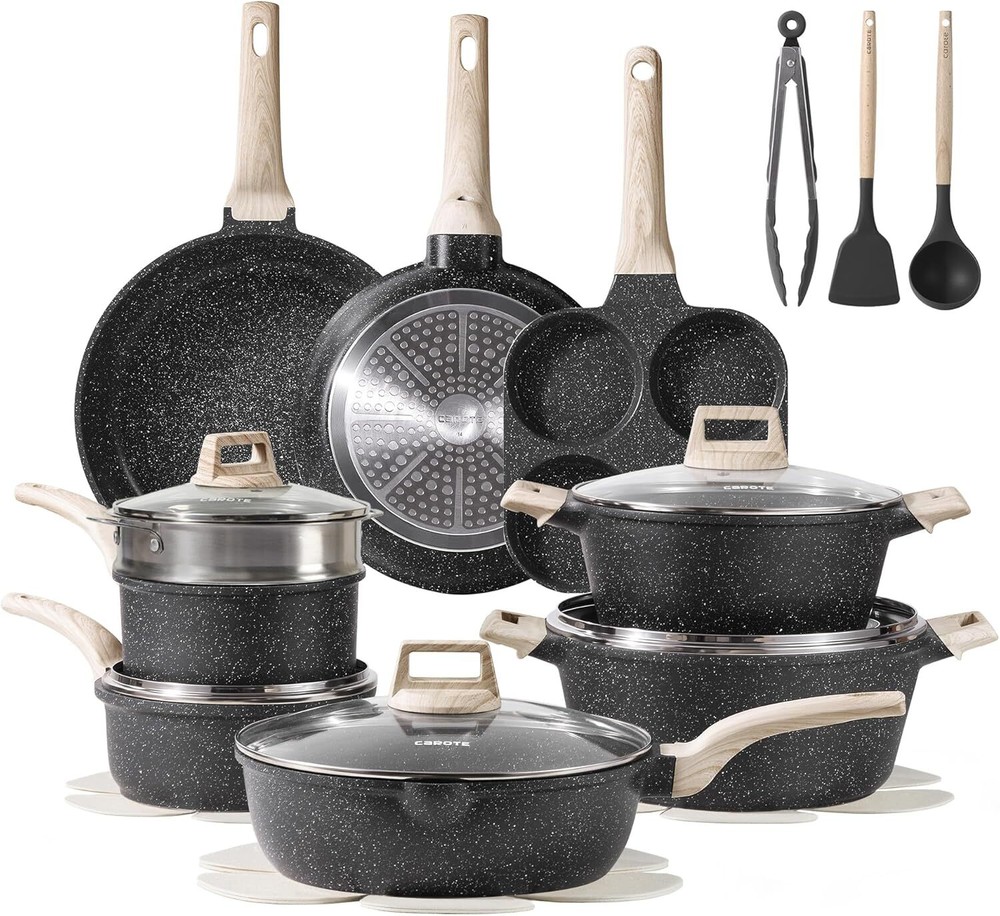 CAROTE 21pcs Pots and Pans Set Nonstick, Cookware Set Black Granite Induction