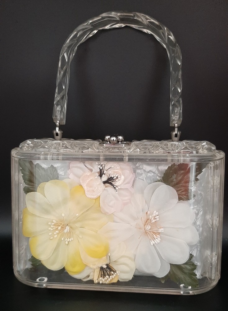 Vtg 1950s Lucite Box Purse With Encased Flowers Carved Handle 