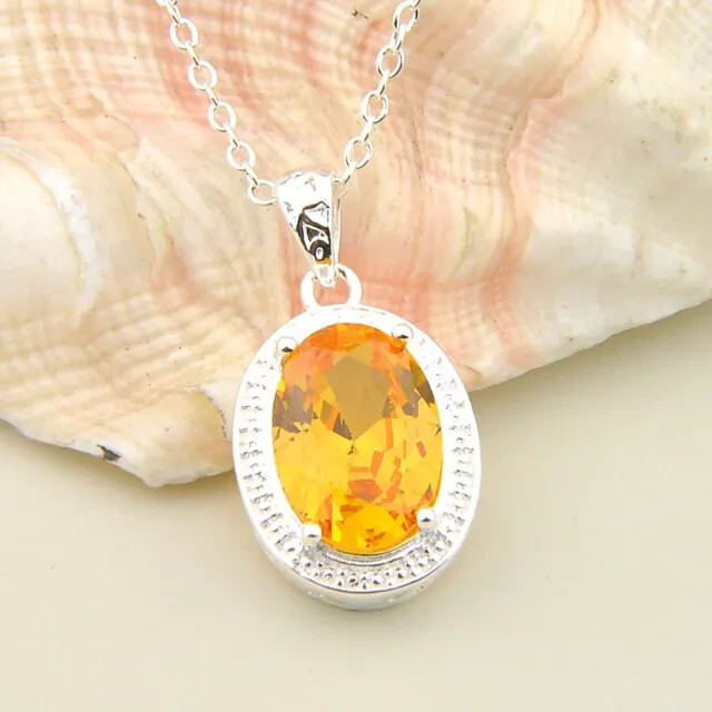 14K White Gold Plated With Chain 2Ct Oval Cut Simulated Citrine Women's Pendant