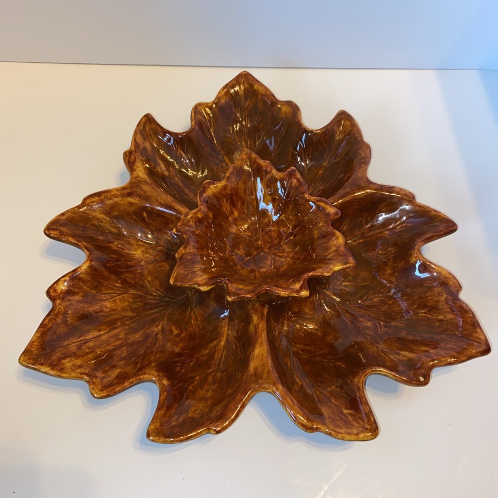 Vintage Orange Glaze Holland Mold Fall Leaf Relish Plate Dip Set Ceramic Tray