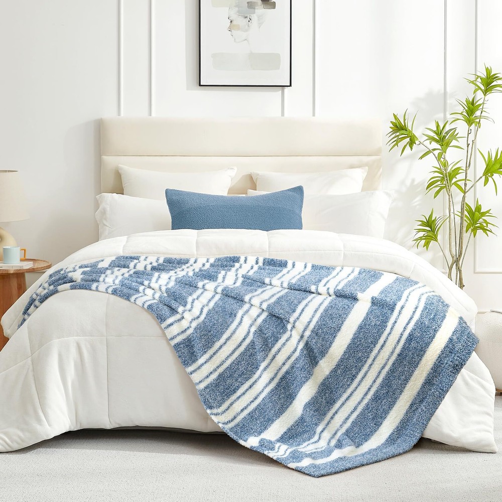 Snuggle Sac Stripe Blue Blankets Luxurious Microfiber Fabric, Reversible Supe