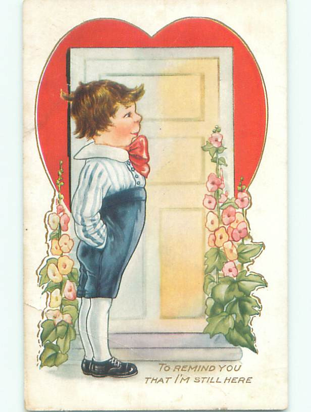 Pre-Linen Valentine Boy at Door Beside Flowers Make Offer K5914
