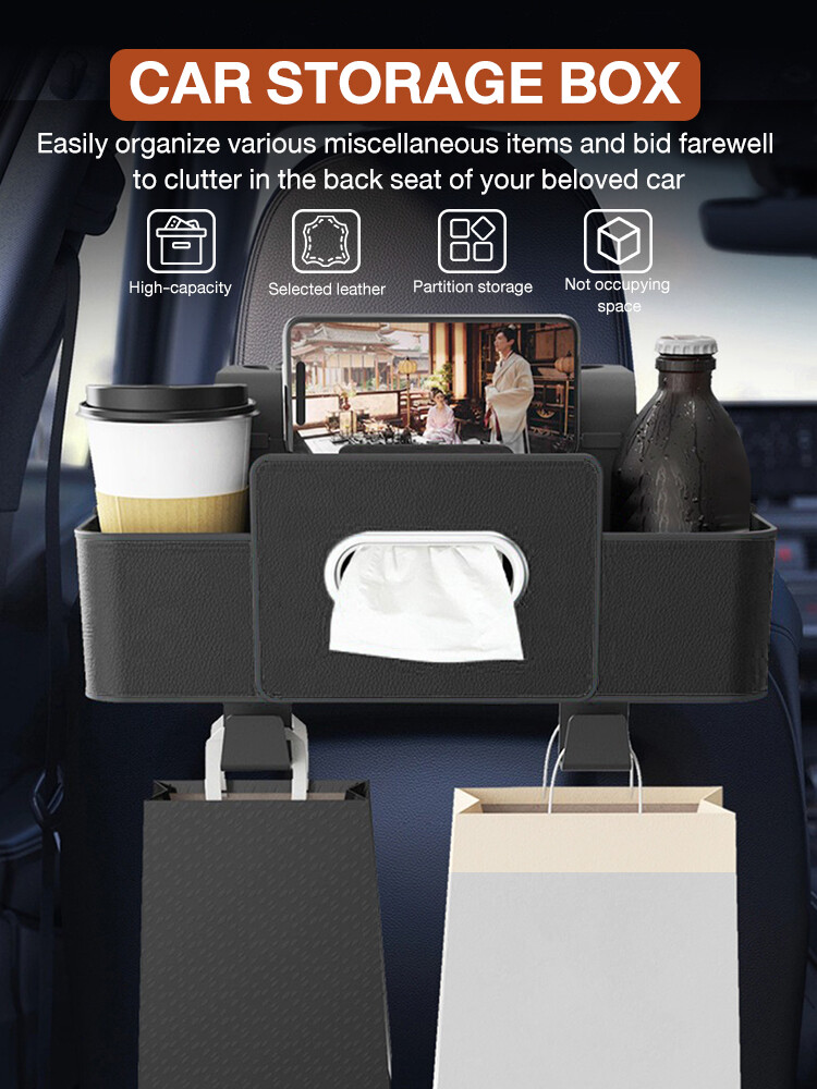 Back Seat Car Organizer Car Seat Storage Box 2 Cup Holders Car Headrest Hooks