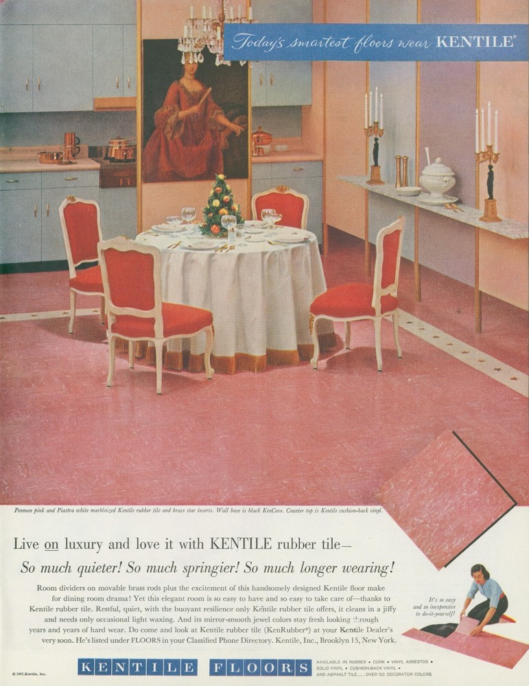 1957 Kentile Floors Formal Dinner Table Christmas Tree Candlesticks Vtg Ad SP21