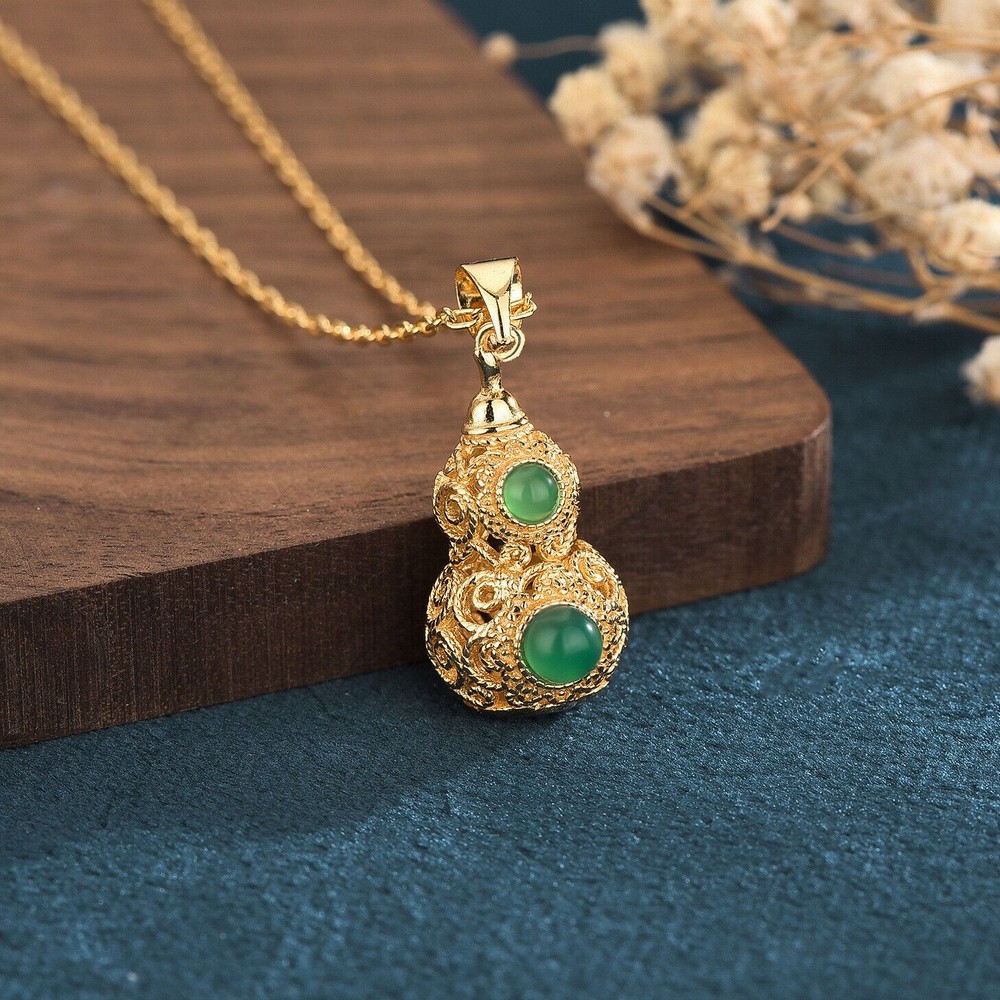Green Natural Jade Gourd Pendant Necklace Real Jewelry 18K Gold Plated
