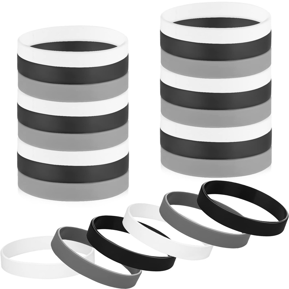 24 Pieces Rubber Bracelets Silicone Wristbands Blank Black Grey White Rubber ...