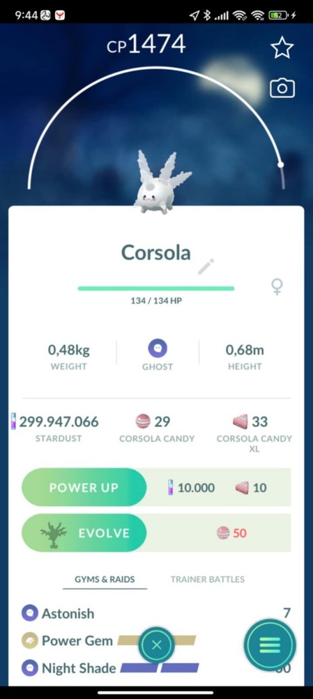 Galarian Corsola Great League PVP 1500 CP with 3 movesets for GBL trades