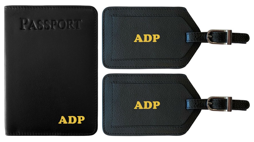 Monogrammed Leather RFID Passport Holder with 2 Luggage Tags-image