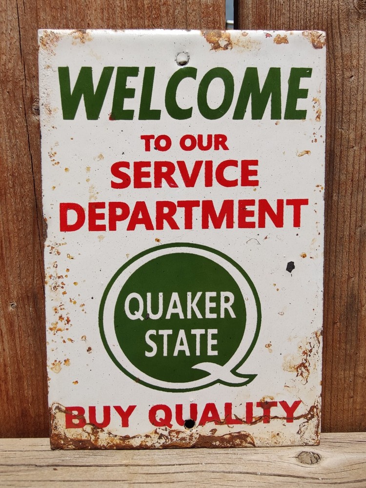 VINTAGE QUAKER STATE OIL PORCELAIN ENAMEL METAL GAS OIL SIGN SIZE 6