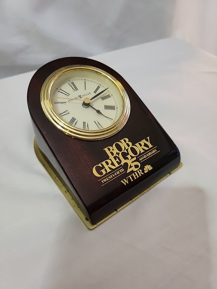 Bob Gregory 25th Anniv WTHR Howard Miller Desk Clock Model 645-191 Dark Wood/Gol