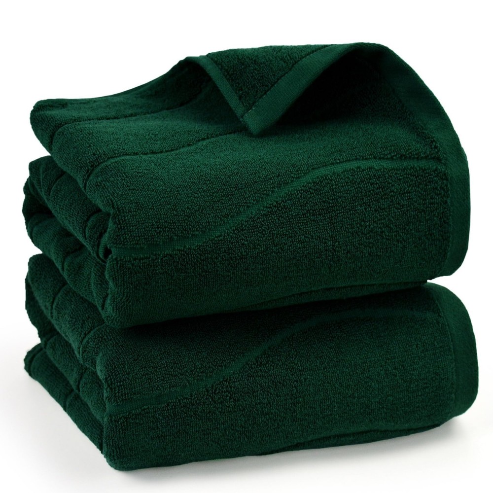 Soft Cotton Bath Towel Set of 2 in Forest Green Wavy Striped Jacquard