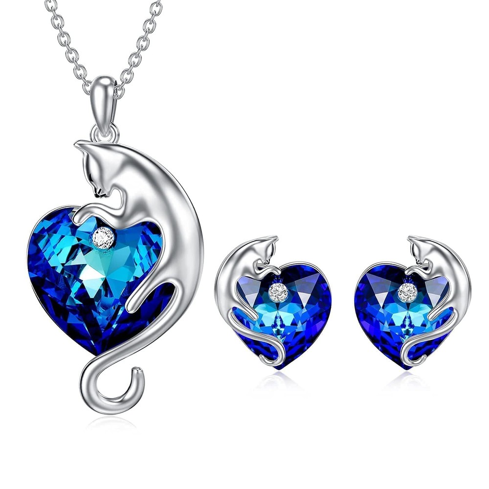 AOBOCO Cat Jewelry Sterling Silver Cat Necklace and Earrings Set with Ocean B...