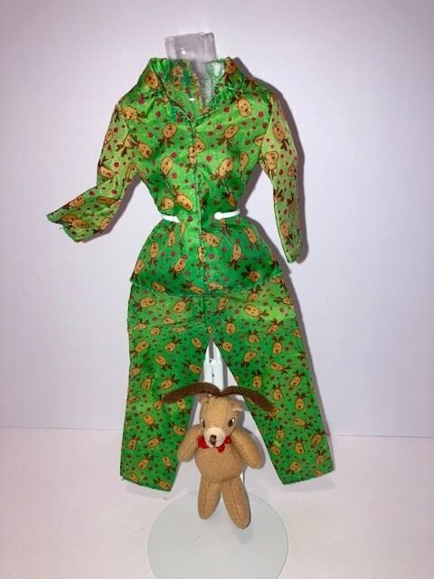 BARBIE Doll Cloth-GREEN HOLIDAY PJS PAJAMAS CHRISTMAS  w STUFFED REINDEER