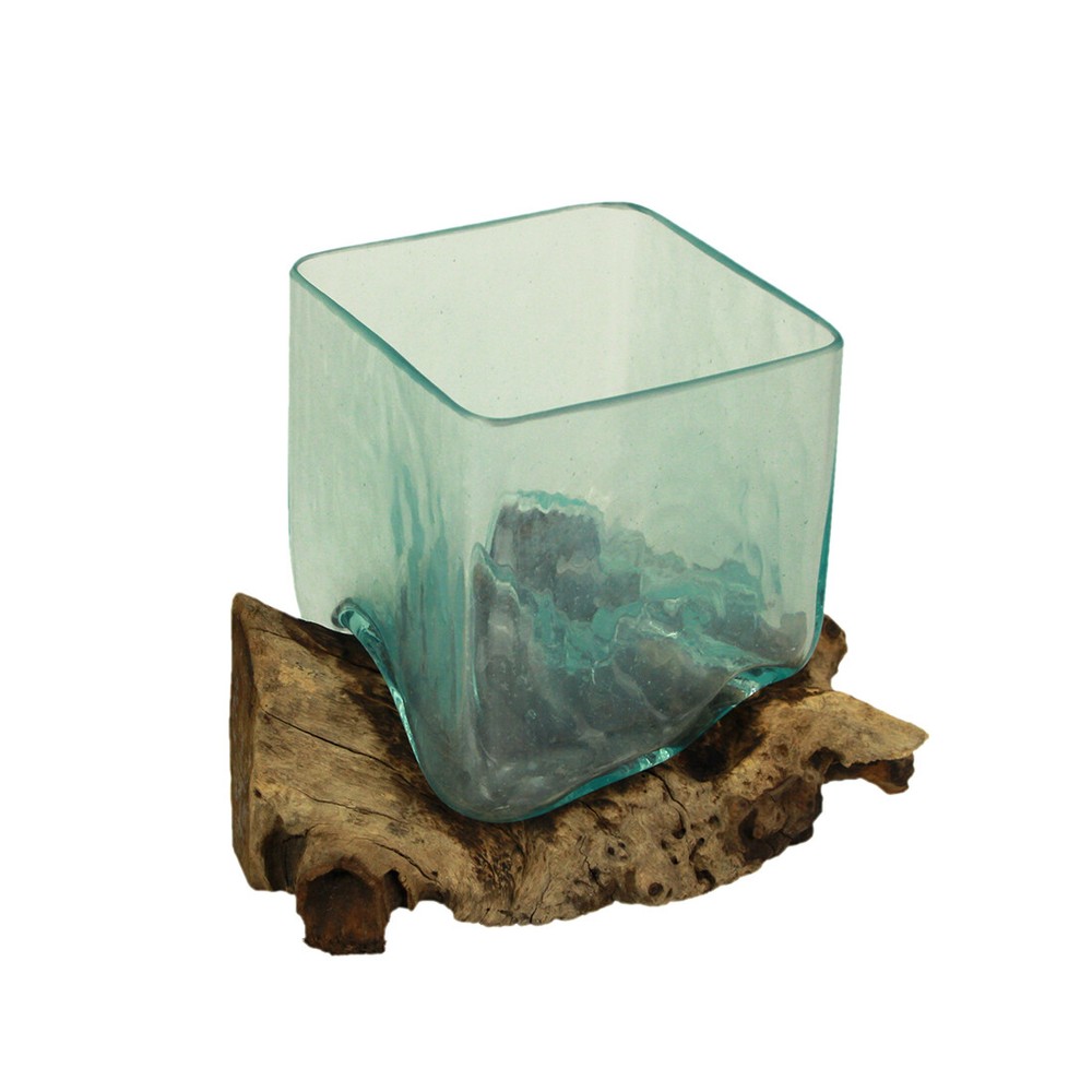 Teak Driftwood Glass Square Vase Bowl - 8