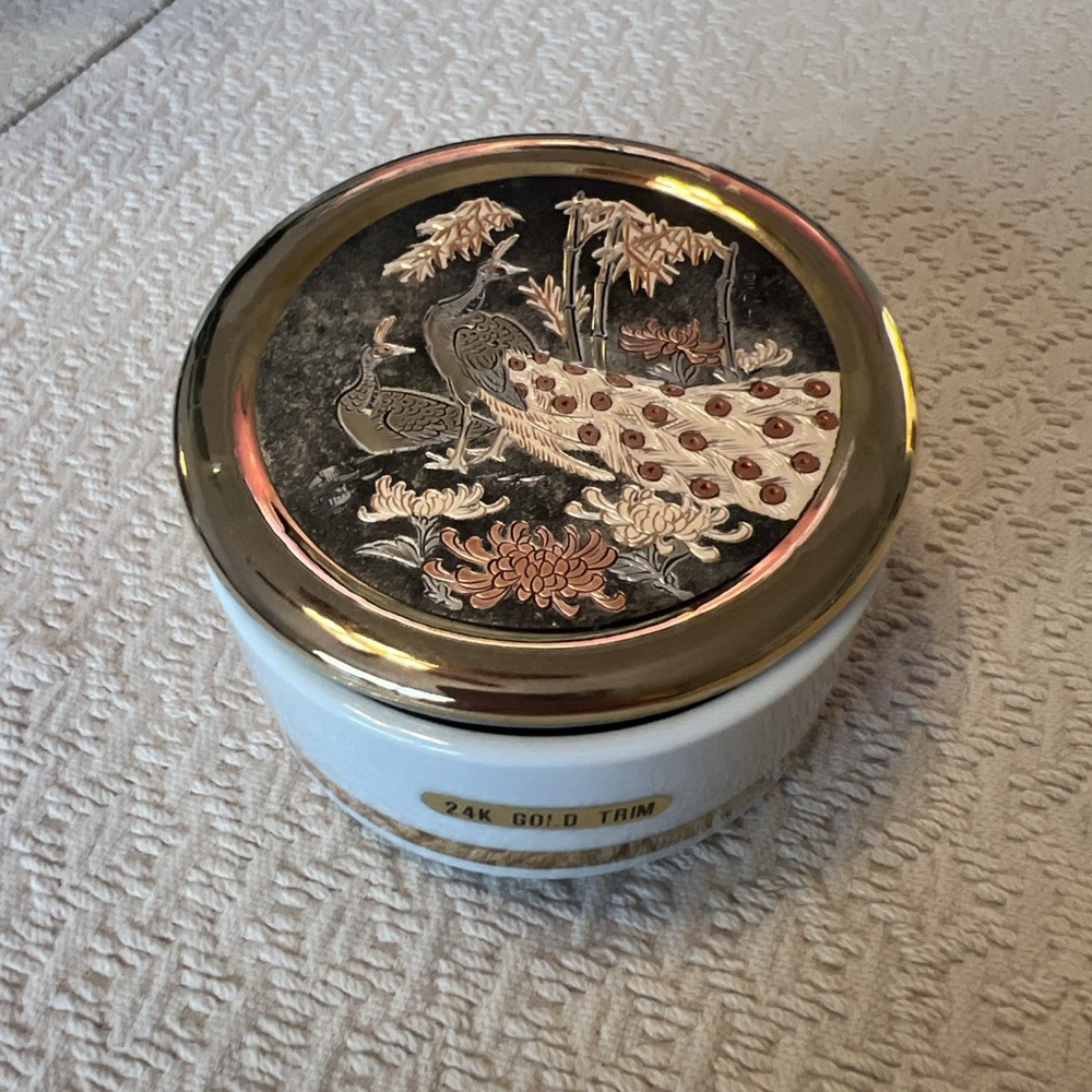 The Art of Chokin Trinket Box Peacock 24 KT Gold Trim Dish Japanese Vintage