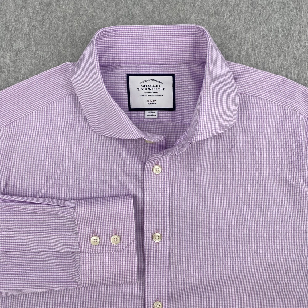 Charles Tyrwhitt Dress Shirt Mens 16/34 Pink Slim Fit Non Iron Classic Button Up