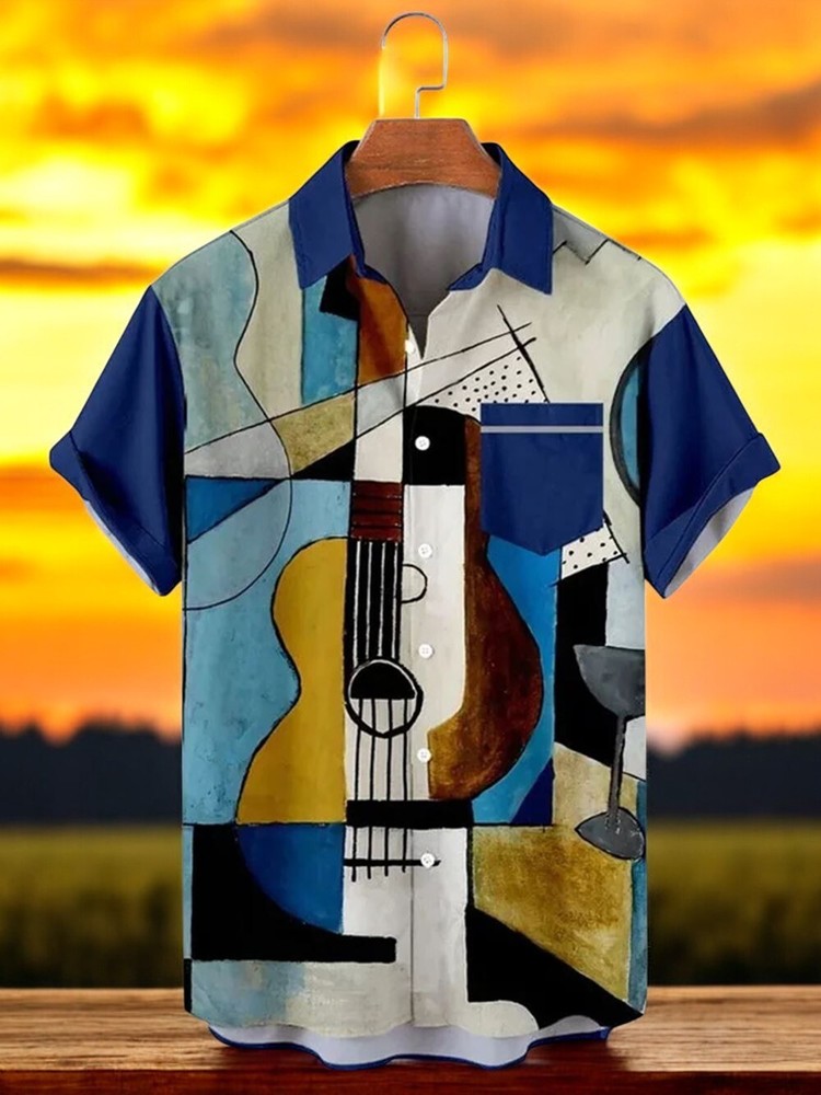 Leisure Vacation Oil Painting Guitar Lapel Hawaiian Shirt
