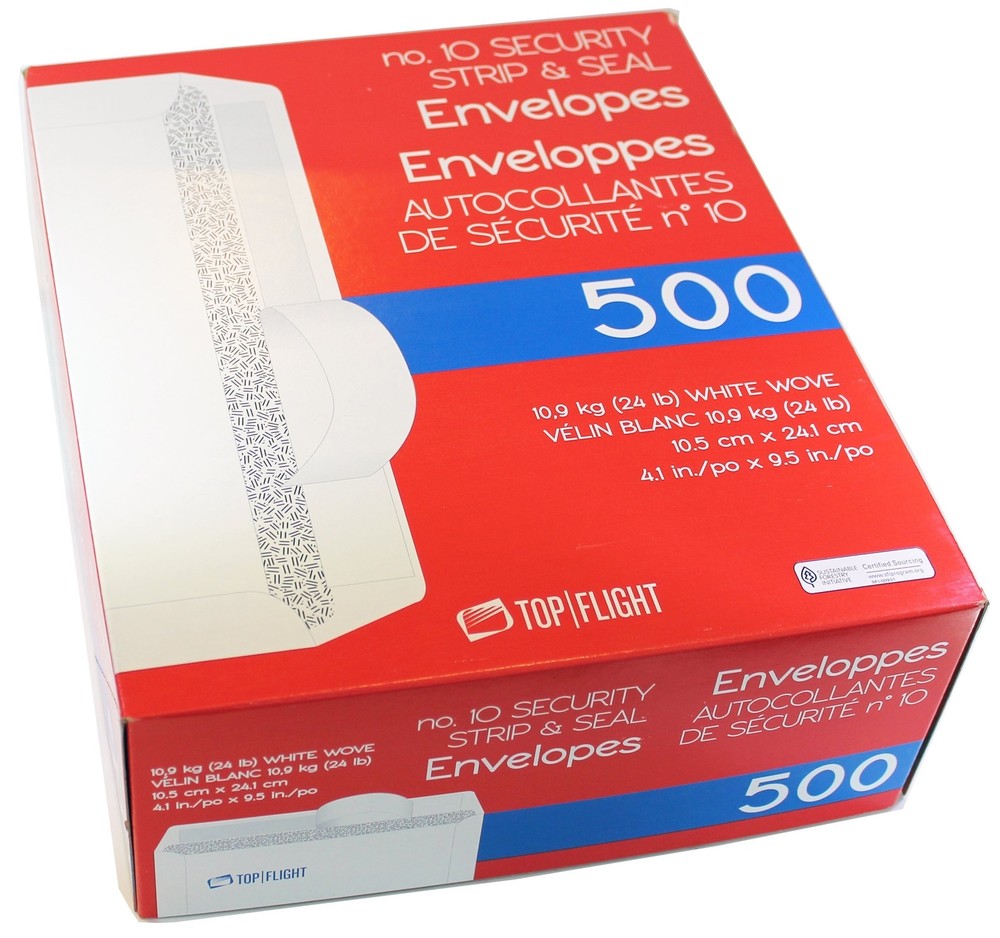 Top Flight PSTF10NWT #10 Envelopes Strip & Seal Security Tinted White Paper 2...
