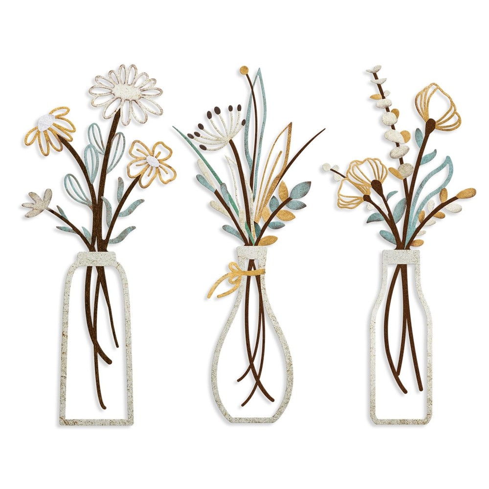 3 Pieces Metal Flowers Wall Arts - Rustic Farmhouse Decor Beige Minimalist Fl...