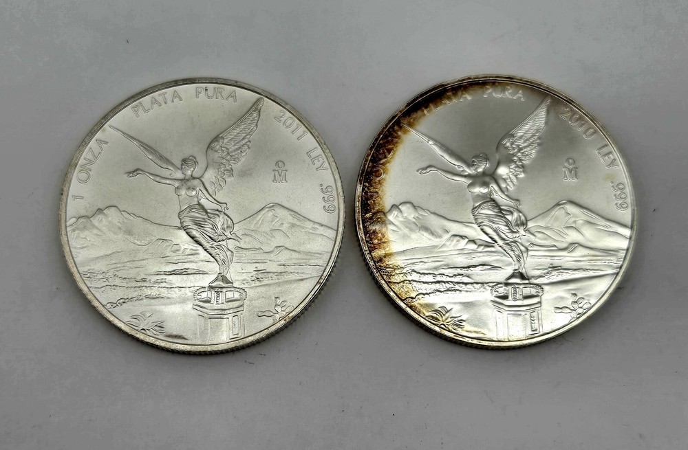 2010 & 2011 Mexico Libertad 1 oz Silver Coins .999 Fine Silver Plata Pura TONING