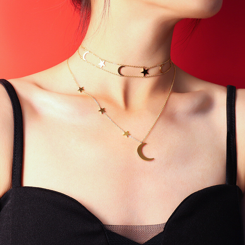 Woman 18K Gold Plated Stainless Steel 2 Layers Moon Stars Chain Choker Necklace