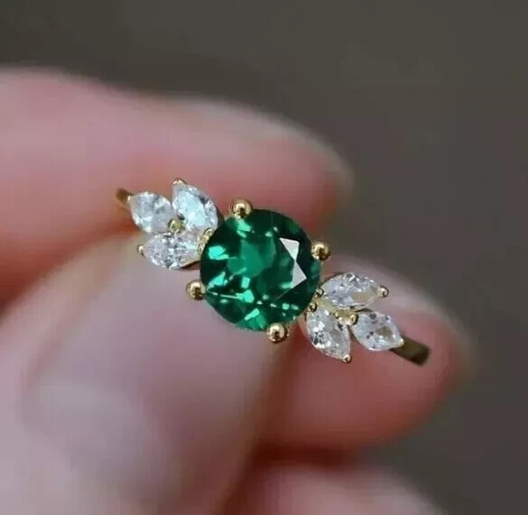 2Ct Round Lab-Created Emerald 14K Yellow Gold Plated Engagement Ring
